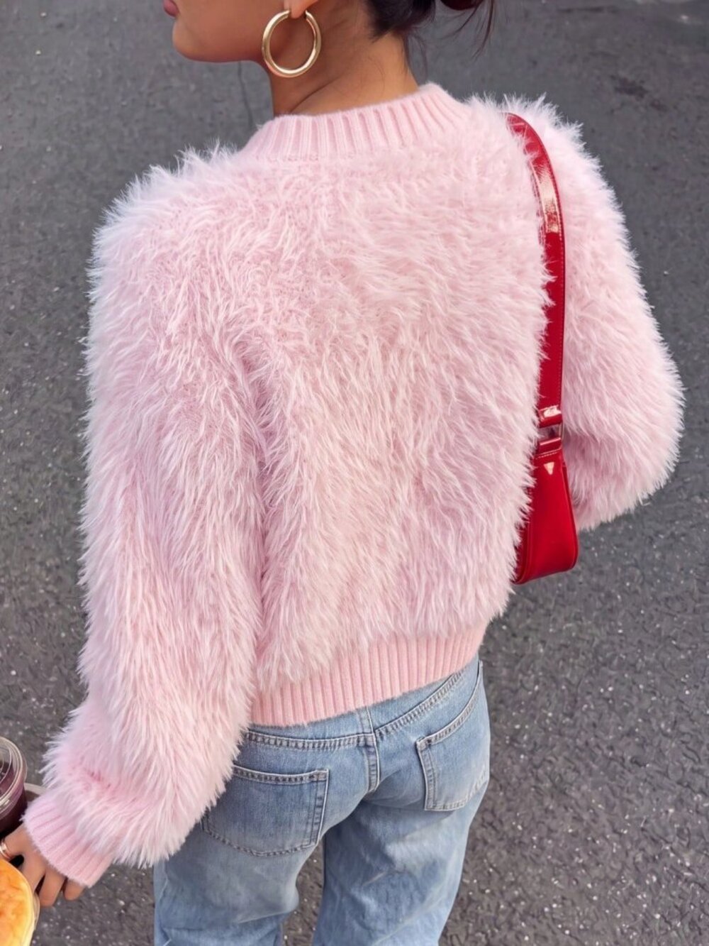 Pink Casual Women's Stand Collar Fuzzy Trim Long Sleeve Sweater - Picture 2 of 7
